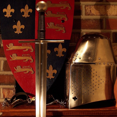 Knight helmet, sword, and shield